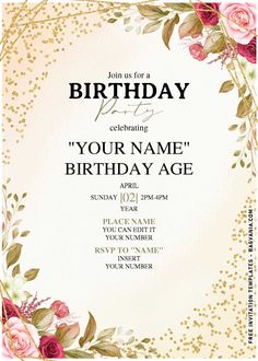 a birthday party flyer with roses and leaves