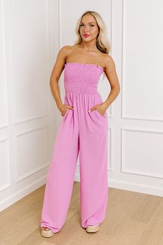 – People are sure to envy your sense of style – Lightweight, 100% polyester material – Smocked bodice with a straight elastic strapless neckline – Two hidden side pockets – Ultra relaxed pants silhouette that falls into a straight ankle length hemlines Measurements S : Bust 24-28", Hip 36", Inseam 29.5", Length 51", Waist 22-26". M : Bust 26-30", Hip 38", Inseam 29.5", Length 51.5", Waist 24-28". L : Bust 28-32", Hip 40", Inseam 29.5", Length 52", Waist 26-30". Pants Silhouette, Relaxed Pants, Light Violet, Relax Pants, Strapless Neckline, Polyester Material, Ankle Length, Smocking, Bodice