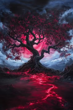 a painting of a tree with red light coming from its branches and the sky in the background