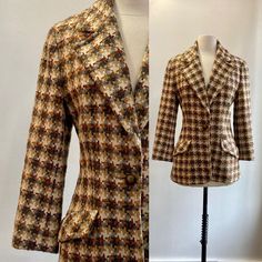 "I just love a piece with an oversized print or pattern and the houndstooth on this is a terrific example. It's almost like upholstery! Has a classic 1970's blazer cut with a fitted shoulder, wide lapels and one button closure. Fully lined. Pair with jeans and boots or loafers and you're good to go! Label: Gino Rossi Roma Condition is Great. No issues. Original size is 12. Please see measurements (all flat) 16\" shoulder to shoulder  / 19\" armpit to armpit / 21\" sleeve / 27\" length I'm always happy to provide more information - just send a message! ~~Condition Guide ~~ Mint: Perfect. Possibly never worn. Great: Little visible wear, lightly worn. Very Good: normal wear for the age.  Good: A few visible flaws but construction is sound and item is wearable." Retro Fall Outerwear With Button Closure, Vintage Plaid Outerwear For Spring, Vintage Fashion Fall Outerwear With Pockets, Vintage Outerwear For Fall, Retro Winter Tweed Jacket For Workwear, Retro Fall Outerwear For Vintage Fashion, Fall Vintage Fashion Single-breasted Outerwear, Retro Outerwear For Office, Fall Vintage Outerwear