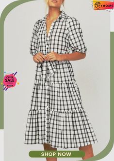 Fashion Casual Plaid Split Joint Turndown Collar A Line Dresses Casual Plaid Midi Dress For Spring, Casual Plaid Maxi Dress For Spring, Casual Plaid Maxi Dress, Plaid Sign, Line Dresses, A Line Dresses, Fashion Elegant, Turndown Collar, Polo Collar