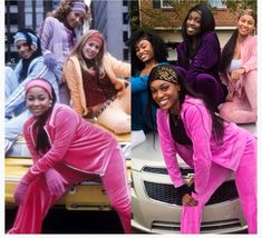 a group of women in pink outfits posing on the back of a white car and smiling