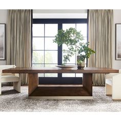 a dining room table with two chairs and a potted plant in the center, next to a window