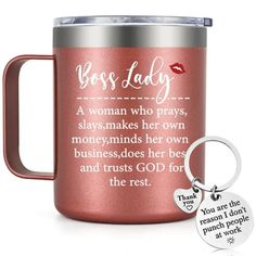 a red stainless steel mug with a keychain that says boss lady