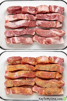 two trays filled with raw meat sitting next to each other