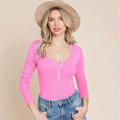 Pink Button Down Ribbed Long Sleeve Bodysuit Features: Scoop Neck, Snap Button Closure, Button Down, Henley, Very Soft Ribbed Fabric, Long Sleeve Model Is 5.7"(32b 24 34) Wearing Small-S(4-6)/M(8-10)/L(12-14), True To Size #Pink #Zara #Ootd #Valentines #Outfits #Freepeople #Skims Casual Spring Bodysuit With Button Closure, Casual Solid Bodysuit With Button Closure, Casual Spring Bodysuit With Buttons, Casual Bodysuit With Buttons For Spring, Summer Long Sleeve Pink Bodysuit, Fitted Pink V-neck Bodysuit, Pink Fitted V-neck Bodysuit, Pink Long Sleeve Henley, Pink Soft-washed Long Sleeve Tops