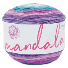 a ball of yarn with the word nandala written on it in pink, purple and blue