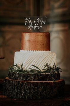 a three tiered cake sitting on top of a wooden table next to a tree stump