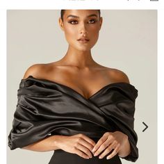 Size M Formal Black Dress With Draped Sleeves, Black Dresses With Draped Sleeves For Gala, Black Satin Dress With Draped Sleeves, Black Draped Dress With Draped Sleeves, Glamorous Black Draped Dress, Black Draped Glamorous Dress, Black Off-shoulder Dinner Dress, Black Draped Satin Dress, Chic Black Draped Dresses