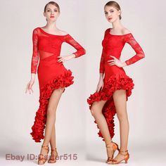 the woman is wearing a red dress with long sleeves and ruffles on it