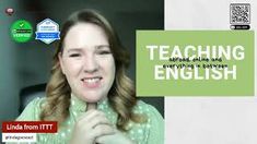 a woman with long hair is smiling at the camera and has an ad for teaching english