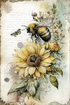 a bee sitting on top of a yellow sunflower next to a flower and butterfly