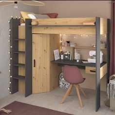 a loft bed with desk and chair in the corner, next to a wall mounted closet