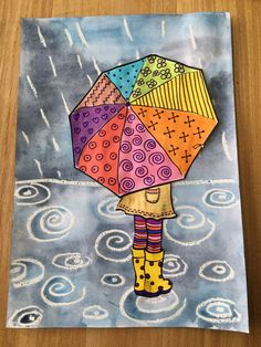 a drawing of a girl holding an umbrella in the rain with water drops on it