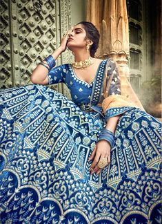 Navy Blue And Golden Designers Wedding Lehenga Choli Anita Dongre Lehenga, Dandiya Raas, Indian Fits, Bridal Lehenga Online, Velvet Lehenga, Skirt Ideas, Desi Outfits, Party Wear Lehenga Choli, Dresses Traditional