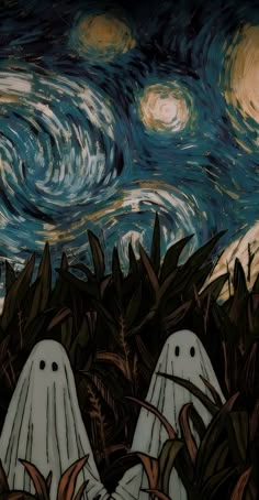 two ghost like figures in front of a starry night sky with trees and bushes