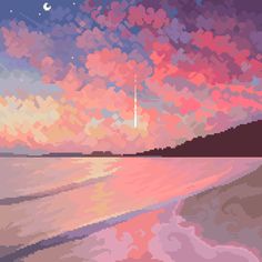 the sky is filled with colorful clouds and stars as it sits on top of a beach