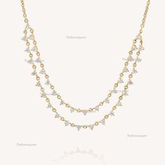 Prong Set Natural Diamonds Drop Necklace, Gold Necklace, Specially Made For Wedding & Engagements, Birthday Gift For Her, Double Layer Drop Necklace, Bridal Necklace Jewelry. Also Available  in Rose Gold, White Gold &  Yellow Gold. 𝐏𝐫𝐨𝐝𝐮𝐜𝐭 𝐢𝐧𝐟𝐨: 𝟏𝟒𝐤 𝐬𝐨𝐥𝐢𝐝 𝐠𝐨𝐥𝐝 ★𝐃𝐞𝐭𝐚𝐢𝐥𝐬 ★𝐒𝐊𝐔 𝐂𝐨𝐝 : BLC-NEC4268 ★𝐏𝐮𝐫𝐢𝐭𝐲 : Solid 14k Gold ( Also available in 9k & 18k Solid Gold) ★𝐌𝐞𝐭𝐚𝐥 : Yellow Gold ( Also available in Rose Gold & White Gold) ★𝐆𝐞𝐦𝐬𝐭𝐨𝐧𝐞 : 100 % Gen Fine Jewelry Wedding Necklace With Adjustable Chain, Fine Jewelry Necklace With Adjustable Chain For Wedding, Wedding Fine Jewelry Necklace With Adjustable Chain, Gold Bridal Necklace For Anniversary, White Gold Double Strand Jewelry For Anniversary, Round Clavicle Chain Bridal Necklace For Anniversary, Gold Bridal Necklace For Anniversary Fine Jewelry, Yellow Gold Necklaces With Diamond Accents For Wedding, Gold Double Strand Wedding Jewelry