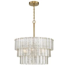 a chandelier hanging from the ceiling with clear glass strips and gold trimmings