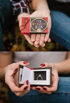 a woman holding an open box with a ring in it's hands, and the inside of her hand is empty