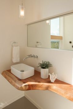 a bathroom sink sitting on top of a wooden counter next to a mirror and potted plant