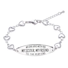 ♥ BEST GIFTS FOR GIRLS♥ - The engraved loving message "♥ My love goes with you til the very end.My sister,My Friend ♥" will not fade, with clearly visible. Good quality unique gifts on your behalfto her unique love,is a best cute matching bracelets for best friends♥ PERFECT SIZE:This Fashion Sister bracelets with Polished to a brilliant shine,measures 7 inches add 1.5 inches extender that secures with a lobster clasp. This length works great for just about all women! ♥PREMIUM QUALITY: linnalove Silver Heart Bracelet For Best Friend On Valentine's Day, Silver Heart Bracelet For Best Friend On Mother's Day, Personalized Heart Bracelet For Best Friend Gift, Engraved Heart Bracelet For Valentine's Day Friendship, Engraved Heart Bracelet For Friendship On Valentine's Day, Inspirational Bracelet For Best Friend Gift On Mother's Day, Inspirational Silver Bracelets For Valentine's Day, Silver Inspirational Bracelets For Valentine's Day, Engraved Bracelet For Best Friend Gift On Mother's Day