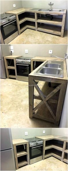 three different views of the same kitchen counter top, with one being built out of wood