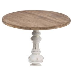 a round wooden table with white pedestals and wood top on an isolated white background