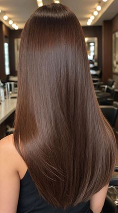 Dark Chestnut hair color idea Dark Colors For Hair, Hair Colour In Straight Hair, Brown Shades Color Hair, Chestnut Brown Hair Straight, Chocolate Brown With Babylights, Brown Foliage Hair, Brown Colour Hair Shades, Dark Hair One Color