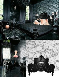 a black and white bedroom with skulls on the walls, an old fashioned bed in front of a window