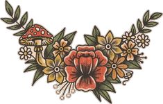 a drawing of flowers and mushrooms on a white background