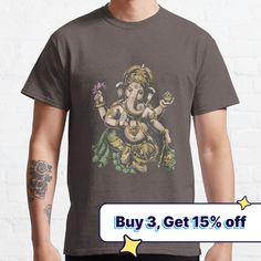 Standard fit with double-needle hems for durability. Solid colors are 100% preshrunk cotton, heather colors are cotton blend. Range of colors available, with the option to print on front or back. Size range S-3XL, suitable for men and women. User View till sept 2015 : 9814 Ganesha's head symbolizes the Atman or the soul, which is the ultimate supreme reality of human existence, and his human body signifies Maya or the earthly existence of human beings. The elephant head denotes wisdom and its tr Printed Cotton T-shirt For Festivals, Casual Cotton T-shirt For Festivals, Gray Printed Cotton T-shirt, Festival Cotton T-shirt With Graphic Print, Cotton Crew Neck T-shirt For Festivals, Ganesha Blessings, Human Existence, Elephant Head, Ganesha