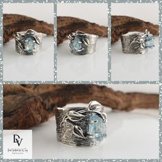 Wide Aquamarine Leaf and Twig Sterling Silver Ring - Handmade by Dawn #HandmadeJewelry #WideBand #SilverRing #LeavesRing #LeafRing #GirlsJewelry #RingsForWomen #Modern #NatureRing #Geometric Blue Topaz Natural Stone Ring, Blue Topaz Ring With Natural Stones, Modern Blue Topaz Jewelry With Accent Stones, Unique Blue Topaz Jewelry With Natural Stones, Modern Blue Topaz Ring Jewelry, Unique Blue Topaz Birthstone Jewelry, Twig Wedding Band, Raw Opal Ring, Twig Ring