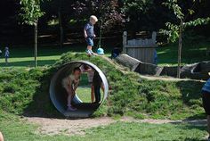 children playing in an outdoor play area with green grass and trees, while adults watch