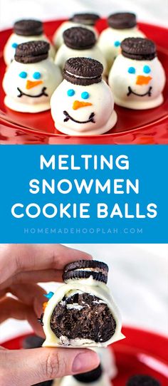 melting snowmen cookie balls on a red plate