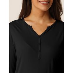 Great for everyday wear, shopping, loungewear, pajamas, pajamas, home bedroom. This women's casual top features a v-neck for a casual style and help you easily put on and off, keeping you looking good and comfortable all day long. Designed in solid color and stretch fabric, it is soft and comfortable, keeping you cozy all night, and helping you enjoy a comfortable sleep and sweet dreams. Whether it's a cozy bedtime, a casual lounging at home, a lazy afternoon, or a cozy bath, soft and lightweigh Black V-neck Sleepwear For Relaxation, Solid Color V-neck Top For Loungewear, Solid Color V-neck Loungewear Top, Casual V-neck Sleepwear For Lounging, Black V-neck Loungewear Top, Relaxed Fit Henley Neckline Tops For Loungewear, Black Long Sleeve Sleep Top, Casual Solid Color Split Neck Tops, Comfortable Relaxed Fit V-neck Top