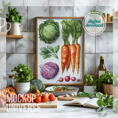 an image of vegetables displayed on a kitchen counter top with the words digital artwork above it