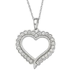 "Diamonds decorate this sterling silver heart necklace, giving you a look you'll love. Diamonds decorate this sterling silver heart necklace, giving you a look you'll love. Pendant size: 1.14"" x 0.91"" Chain type: rope Clasp: spring-ring Base material: sterling silver Plating: sterling silver Finish: polished STONE DETAILS Setting: prong Total weight: 1/2 ct. Color grade: H-I Clarity: I2-I3 Size: 18"". Color: White. Gender: female. Age Group: adult." Classic Silver Diamond Cut Heart Necklace, Silver Heart Cut Necklace With Hallmark, Mother's Day Open Heart Diamond Cut Necklace, Sterling Silver Open Heart Hallmark Necklace, Silver Open Heart Necklace With Diamond Cut, White Gold Open Heart Necklace With Hallmark, Valentine's Day Silver Heart Necklace With Diamond Cut, Diamond Heart Pendant Necklace, Sterling Silver Heart Necklace