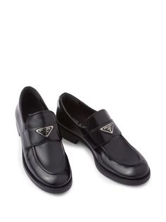 Prada triangle-logo Leather Loafers - Farfetch Triangle Logo, Sophisticated Style, Italian Fashion, Leather Loafers, Prada, Fashion Branding, Almond, Black Leather, In Italy