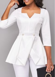 White Solid Color Top For Party, White Tops For Office, White Solid Color Top For Office, White Solid Color Office Tops, White Solid Color Blouse For Work, Elegant White Solid Color Blouse, Chic White Peplum Blouse, White Peplum Top For Party, Fitted White Blouse With Long Sleeves