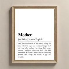 a framed poster with the words mother in english