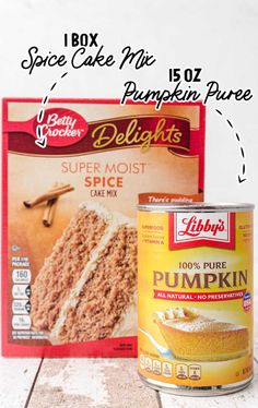 a can of cake mix next to a box of pumpkin puree