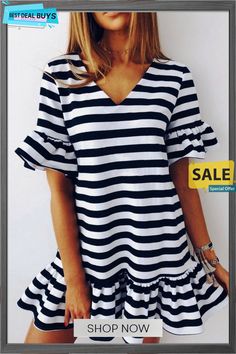 Ladies Fashion V-neck Striped Dress Chic V-neck Ruffled Dress For Vacation, Chic A-line V-neck Dress For Summer, Trendy V-neck Mini Dress With Ruffles, Chic V-neck Dresses With Ruffles, Chic V-neck Midi Dress For Day Out, Chic V-neck Short Sleeve Dress For Vacation, Striped Fitted V-neck Dress, Striped V-neck Mini Dress For Work, Elegant V-neck Dress For Day Out