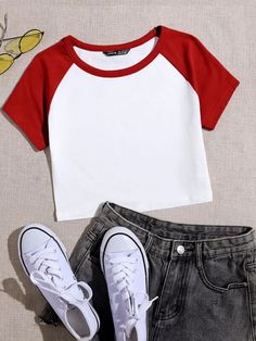 Free ReturnsFree Shipping On Orders $49SHEIN Raglan Sleeve Two Tone Crop TopWomen T-Shirts at SHEIN. Short Sleeve Blouse Design, Slim Fit Crop Top, Crop Top Tees, Cute Crop Tops, Solid Clothes, Short Sleeve Blouse, Raglan Sleeve, Blouse Designs