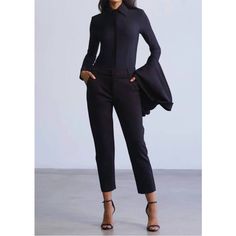 These Are Navy, Not Black. Approximate Measurements Laid Flat - Waist Across 15.25" - Rise 11" - Inseam 26.5" Elastane Pantsuit For Business Casual, Elastane Pantsuit For Workwear, Chic Fitted Ankle-length Pantsuit, Chic Long Sleeve Pantsuit For Business Casual, Chic Long Sleeve Pantsuit For Work, Fitted Long Sleeve Pantsuit For Office Wear, Fitted Pantsuit For Office Wear, Sleek Long Sleeve Pantsuit For Fall, Fall Sleek Long Sleeve Pantsuit