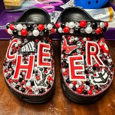 Custom personalized crocs with you in mind Cheer Crocs, Spiderman Crocs, Crocs Custom, Cheer Competition Gifts, Bedazzled Crocs, Croc Ideas, Competition Gifts, Senior 25, Croc Decorations