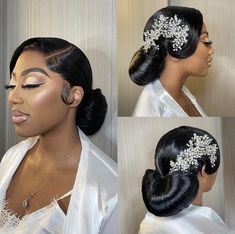 three pictures of a woman with her hair in a bun and wearing a white dress