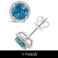 in stock Blue Topaz Earrings With Diamond Accents, Blue Diamond Earrings With Halo Setting In Sterling Silver, Macy's Round Gemstone Earrings, Macy's Gemstone Round Earrings, Topaz Color, Classic Earrings, Jewelry Repair, London Blue Topaz, Topaz Gemstone