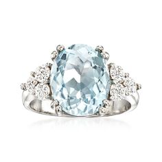 Ross-Simons - 4.50ct Aquamarine, .56ct t. w. Diamond Ring Oval Cut in 14kt White Gold. Size 8. It's icy and it sparkles, but most importantly, this ring grants you a lifetime of luxury. The stunning 4.50 carat aquamarine and .56 ct. t. w. round brilliant-cut diamonds trios that flank either side give this style enough elegant appeal to complete outfits of any decade. Set in 14kt white gold. 1/2" wide. Diamond and aquamarine ring. Aquamarine birthstones are the perfect gift for March birthdays. March Birthdays, Diamond Ring Oval, Aquamarine Birthstone, March Birthday, Aquamarine Ring, Aquamarine Rings, Ring Oval, Complete Outfits, Round Brilliant Cut Diamond