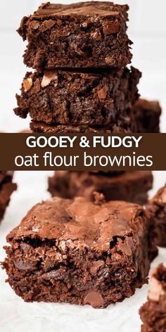 gooey and fudgey oat flour brownies stacked on top of each other